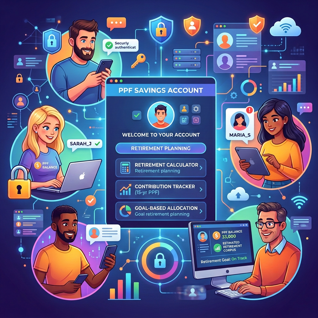 Illustration of secure login access with users, devices, locks, and verification icons